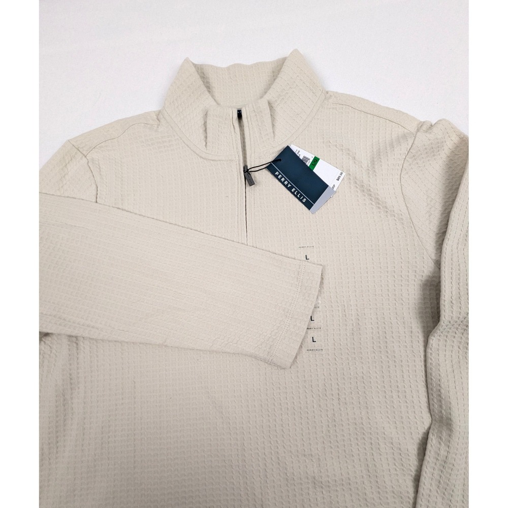 Perry Ellis Mens Waffle Knit Quarter Zip Pullover Cream Cotton Mock Neck Large - Picture 4 of 13
